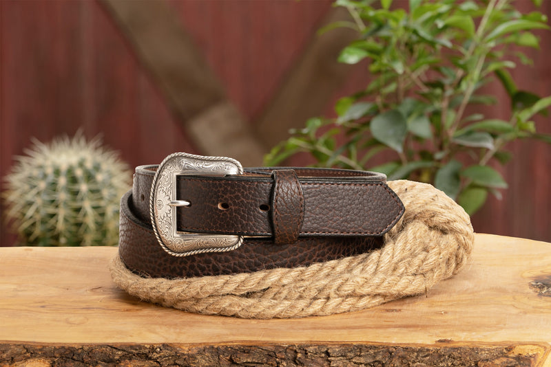 The Forester: Brown Stitched Western American Bison Belt - Scalloped Ends 1.50" - AmishMadeBelts.com