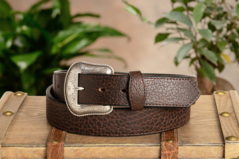 The Forester: Brown Stitched Western American Bison Belt - Scalloped Ends 1.50"