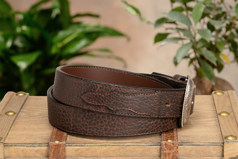 The Forester: Brown Stitched Western American Bison Belt - Scalloped Ends 1.50"