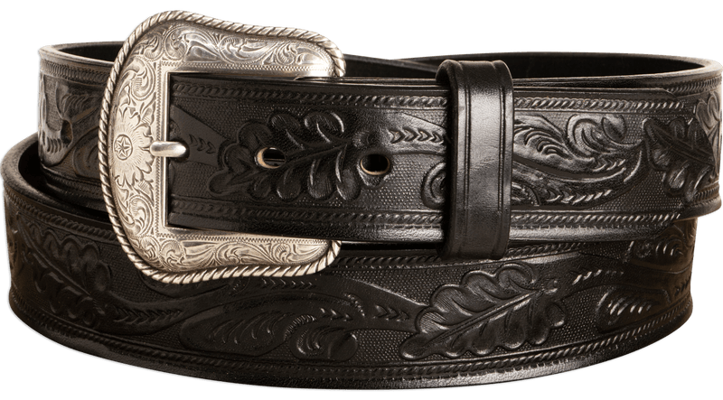 The Western Oak: Men's Black Oak Leaf Embossed Western Leather Belt 1.50"