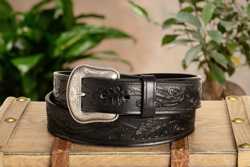 The Western Oak: Men's Black Oak Leaf Embossed Western Leather Belt 1.50"