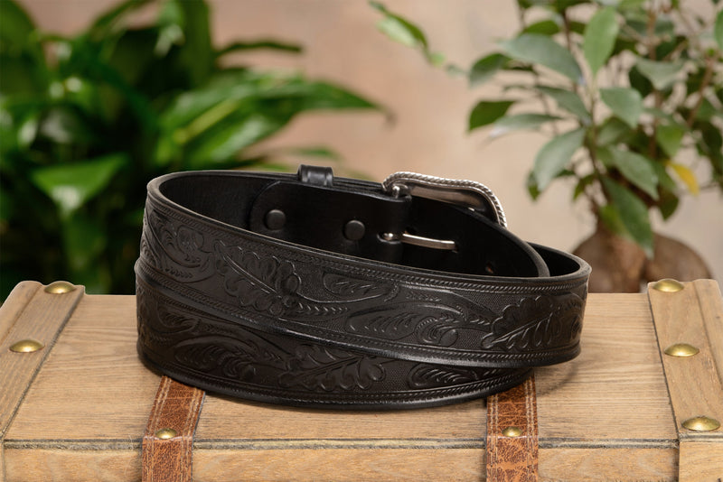 The Western Oak: Men's Black Oak Leaf Embossed Western Leather Belt 1.50"