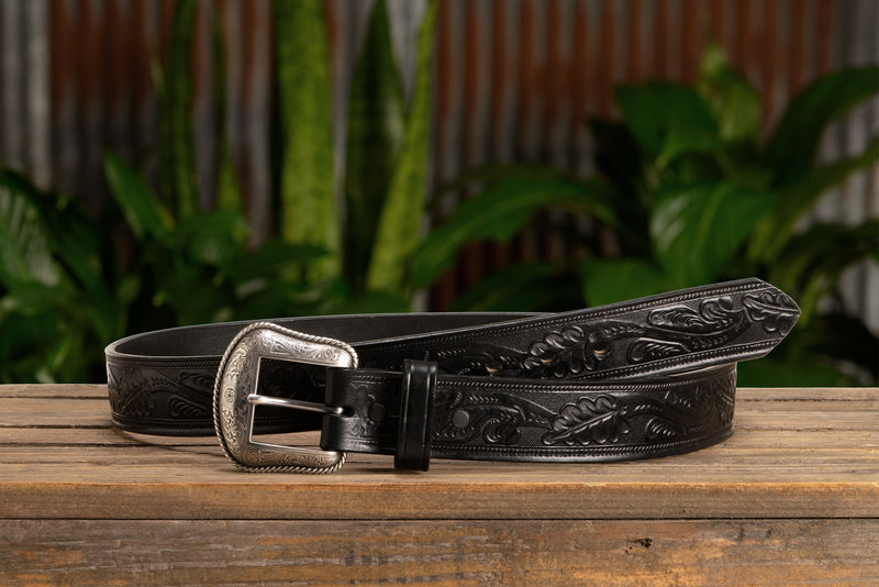 The Western Oak: Men's Black Oak Leaf Embossed Western Leather Belt 1.50"