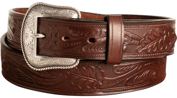 The Western Oak: Men's Brown Oak Leaf Embossed Western Leather Belt 1.50"