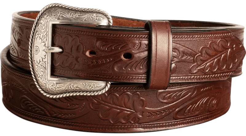 The Western Oak: Men's Brown Oak Leaf Embossed Western Leather Belt 1.50"