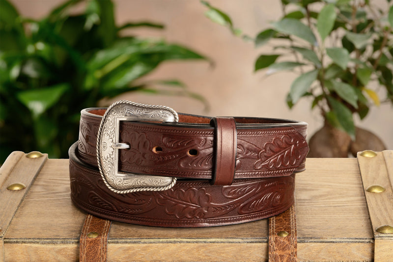 The Western Oak: Men's Brown Oak Leaf Embossed Western Leather Belt 1.50"