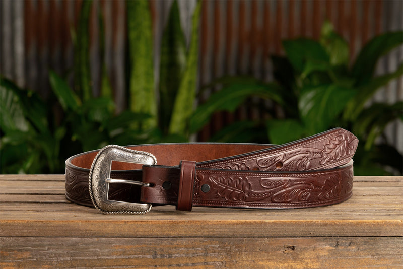 The Western Oak: Men's Brown Oak Leaf Embossed Western Leather Belt 1.50"