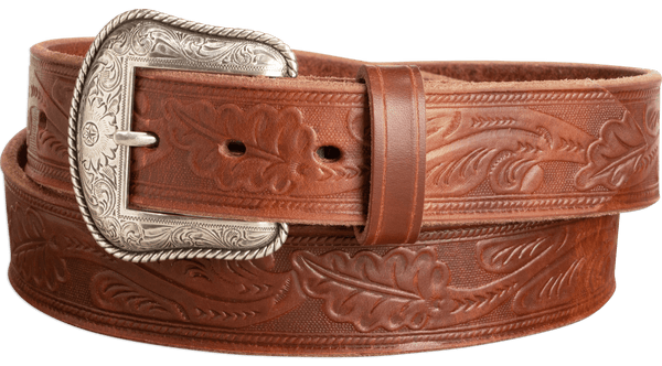 The Western Oak: Men's Hot Dipped Tan Oak Leaf Embossed Western Leather Belt 1.50"