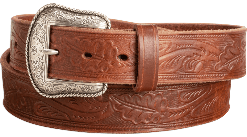 The Western Oak: Men's Hot Dipped Tan Oak Leaf Embossed Western Leather Belt 1.50"