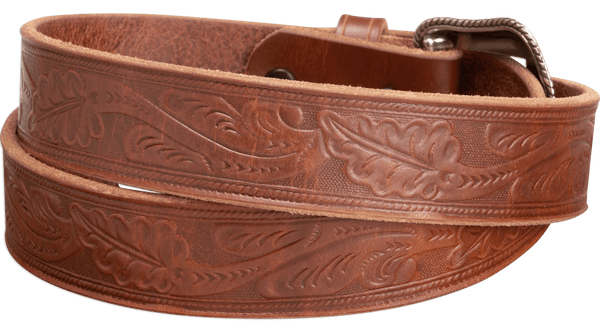 The Western Oak: Men's Hot Dipped Tan Oak Leaf Embossed Western Leather Belt 1.50"