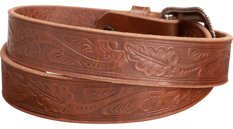 The Western Oak: Men's Hot Dipped Tan Oak Leaf Embossed Western Leather Belt 1.50"