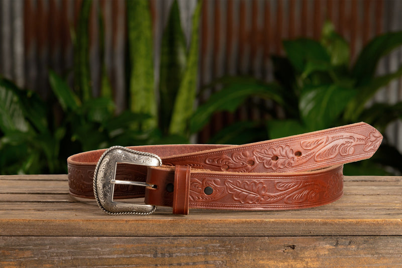 The Western Oak: Men's Hot Dipped Tan Oak Leaf Embossed Western Leather Belt 1.50"