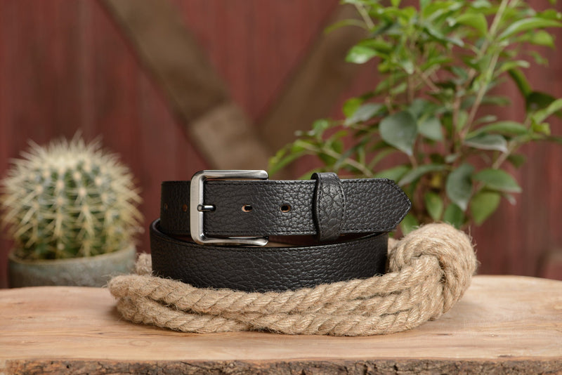 The Forester: Men's Black Stitched American Bison Leather Belt 1.50" - Amish Made Belts