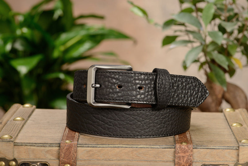 The Forester: Men's Black Stitched American Bison Leather Belt 1.50" - Amish Made Belts