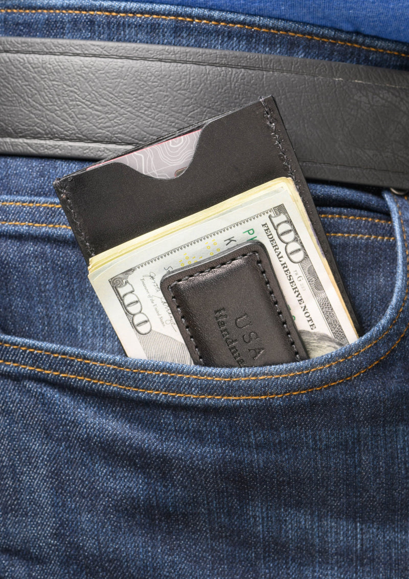 Black Premium Leather Slim ID Wallet With Magnetic Money Clip - AmishMadeBelts.com