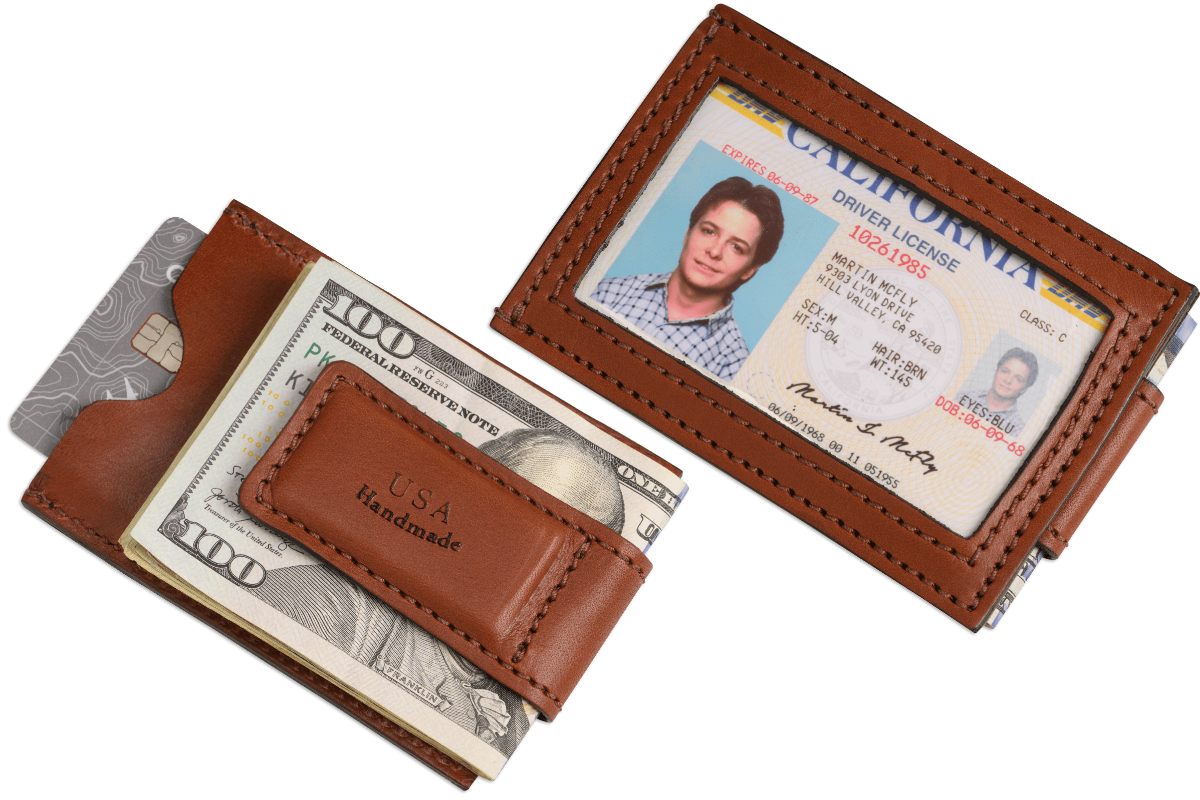 Premium Medium Brown Leather ID Wallet Money Clip- Handcrafted in USA