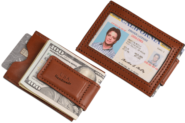 Medium Brown Premium Leather Slim ID Wallet With Magnetic Money Clip