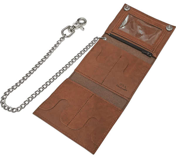 Taos Brown Premium Leather Biker Chain Wallet With ID Window (Medium 5" x 4.25")