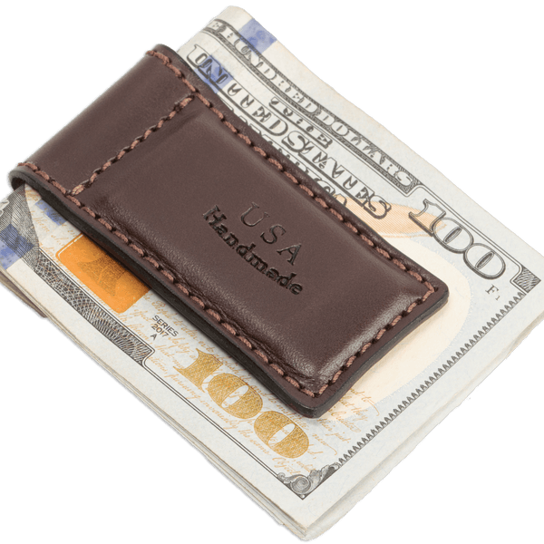 Premium Brown Leather Magnetic Money Clip - Handcrafted in USA