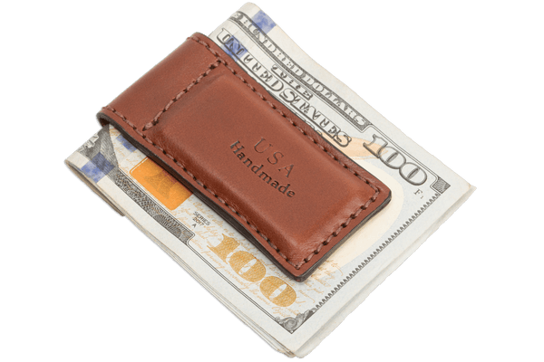 Medium Brown Premium Leather Men's Magnetic Money Clip (Holds 30 Folded Bills)