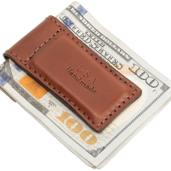 Premium Medium Brown Leather Magnetic Money Clip - Handcrafted in USA