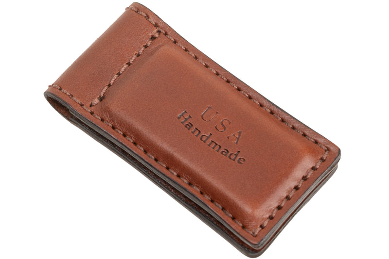 Medium Brown Premium Leather Men's Magnetic Money Clip (Holds 30 Folded Bills)