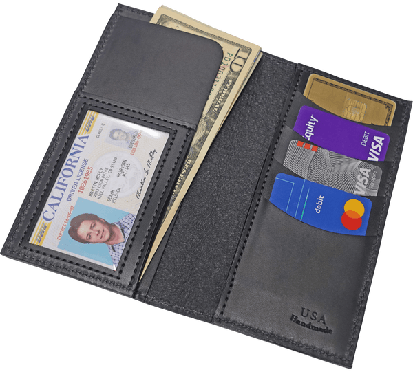Black Premium Leather Long Bifold Wallet With ID Window (AKA Checkbook Wallet)
