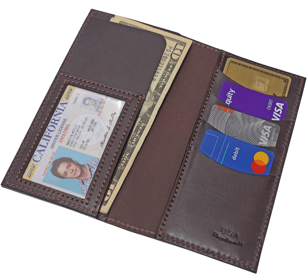Brown Premium Leather Long Bifold Wallet With ID Window (AKA Checkbook Wallet)