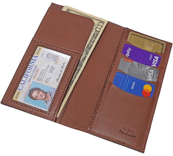 Medium Brown Premium Leather Long Bifold Wallet With ID Window (AKA Checkbook Wallet)