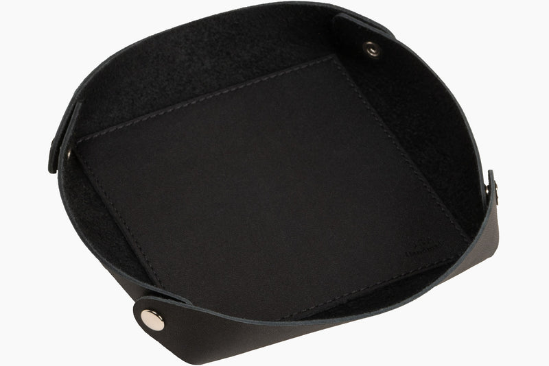 Black Leather Travel Valet Storage Tray Folds Flat - AmishMadeBelts.com