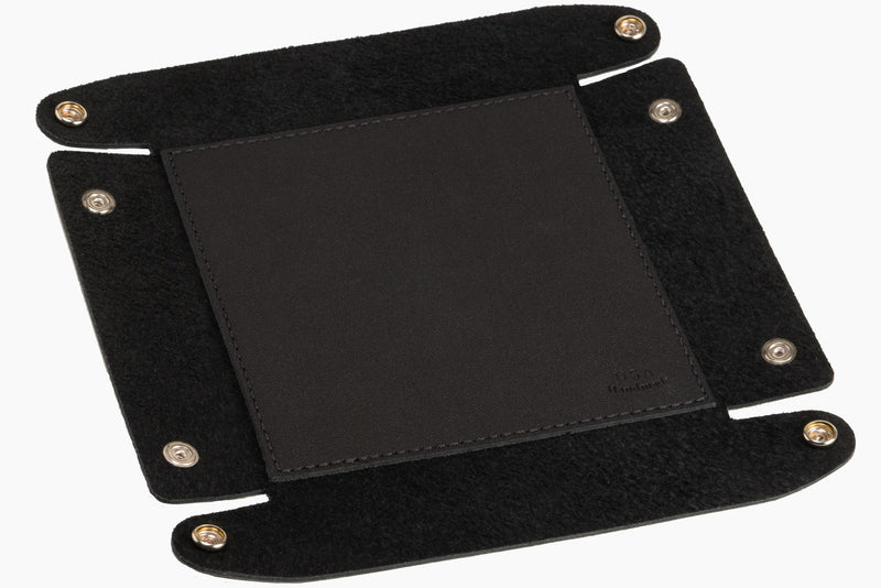 Black Leather Travel Valet Storage Tray Folds Flat - AmishMadeBelts.com