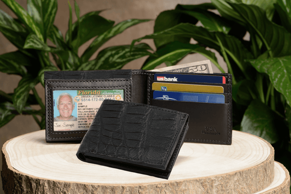 Black Alligator Luxury Designer Exotic Bifold Wallet With Flip Up ID Window - AmishMadeBelts.com