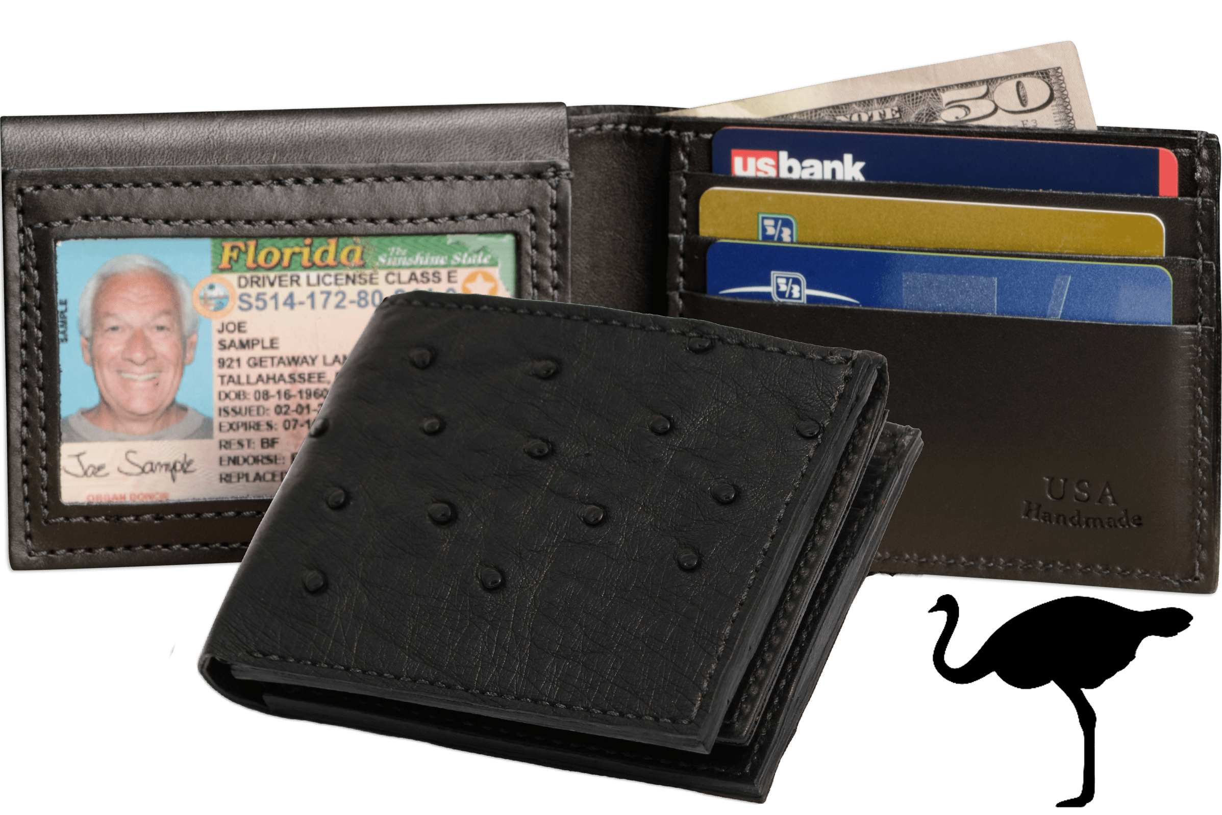 Black Ostrich Full Quill Luxury Designer Exotic Bifold Wallet With Fli