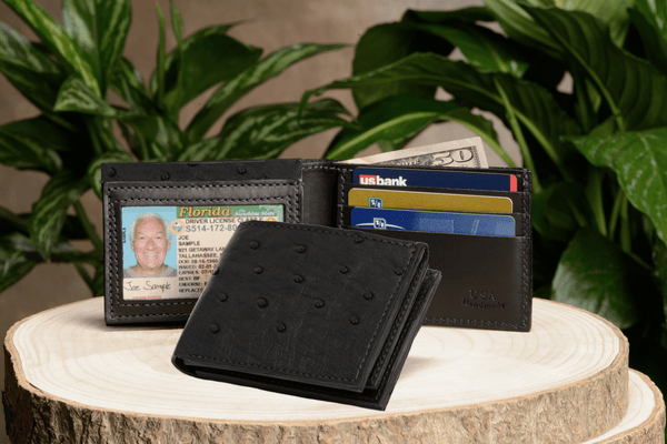 Black Ostrich Full Quill Luxury Designer Exotic Bifold Wallet With Flip Up ID Window - AmishMadeBelts.com