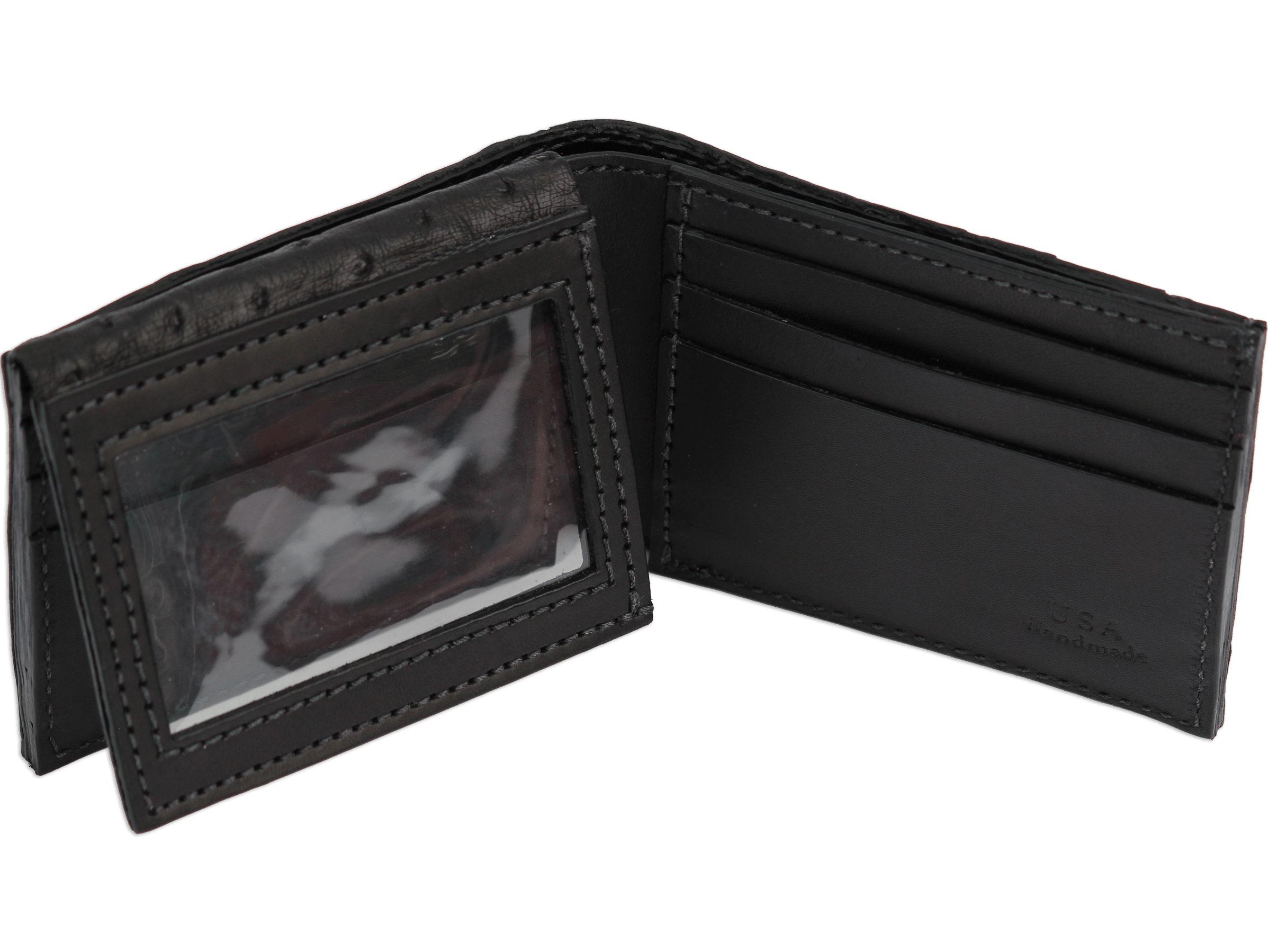 Black Ostrich Full Quill Luxury Designer Exotic Bifold Wallet With Fli