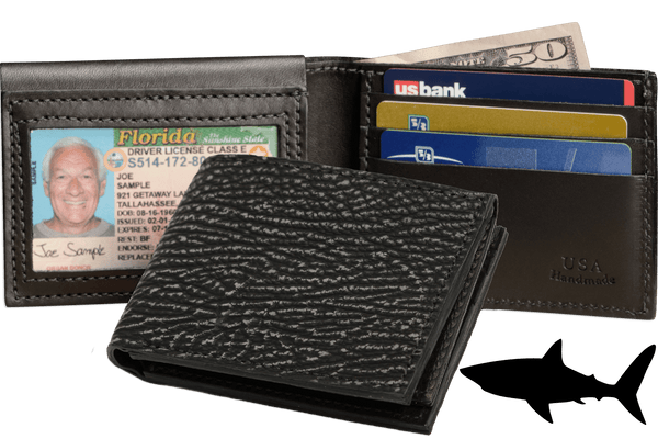 Black Suede Shark Luxury Designer Exotic Bifold Wallet With Flip Up ID Window - AmishMadeBelts.com