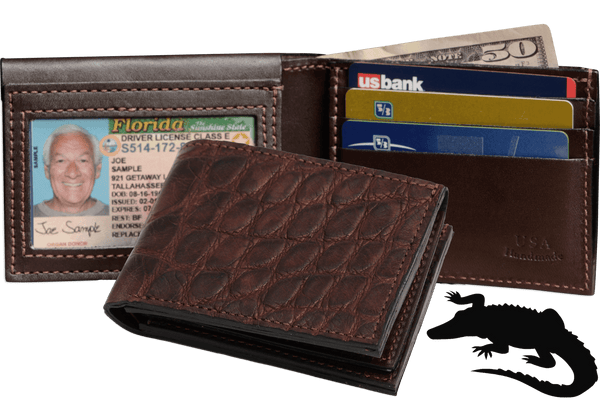 Brown Alligator Luxury Designer Exotic Bifold Wallet With Flip Up ID Window - AmishMadeBelts.com