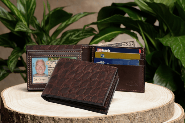 Brown Alligator Luxury Designer Exotic Bifold Wallet With Flip Up ID Window - AmishMadeBelts.com