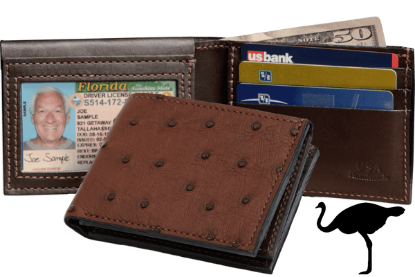 Brown Ostrich Full Quill Luxury Designer Exotic Bifold Wallet With Flip Up ID Window - AmishMadeBelts.com
