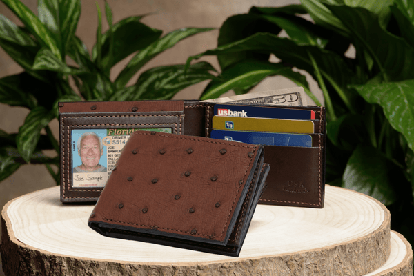 Brown Ostrich Full Quill Luxury Designer Exotic Bifold Wallet With Flip Up ID Window - AmishMadeBelts.com