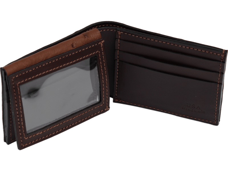 Brown Ostrich Full Quill Luxury Designer Exotic Bifold Wallet With Flip Up ID Window - AmishMadeBelts.com