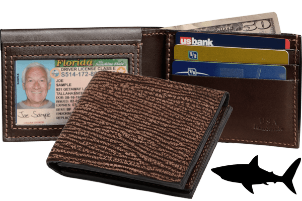 Brown Suede Shark Luxury Designer Exotic Bifold Wallet With Flip Up ID Window - AmishMadeBelts.com