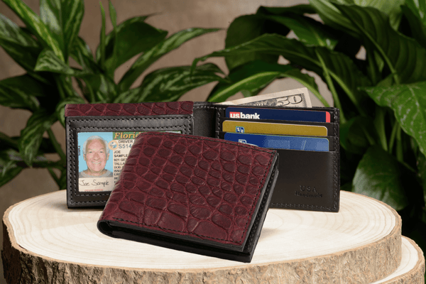 Burgundy Alligator Luxury Designer Exotic Bifold Wallet With Flip Up ID Window - AmishMadeBelts.com