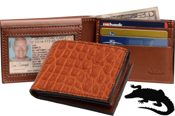 Cognac Alligator Luxury Designer Exotic Bifold Wallet With Flip Up ID Window - AmishMadeBelts.com
