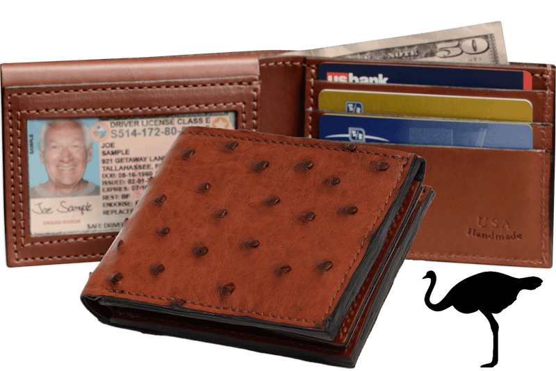 Cognac Ostrich Full Quill Luxury Designer Exotic Bifold Wallet With Flip Up ID Window - AmishMadeBelts.com