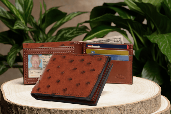 Cognac Ostrich Full Quill Luxury Designer Exotic Bifold Wallet With Flip Up ID Window - AmishMadeBelts.com