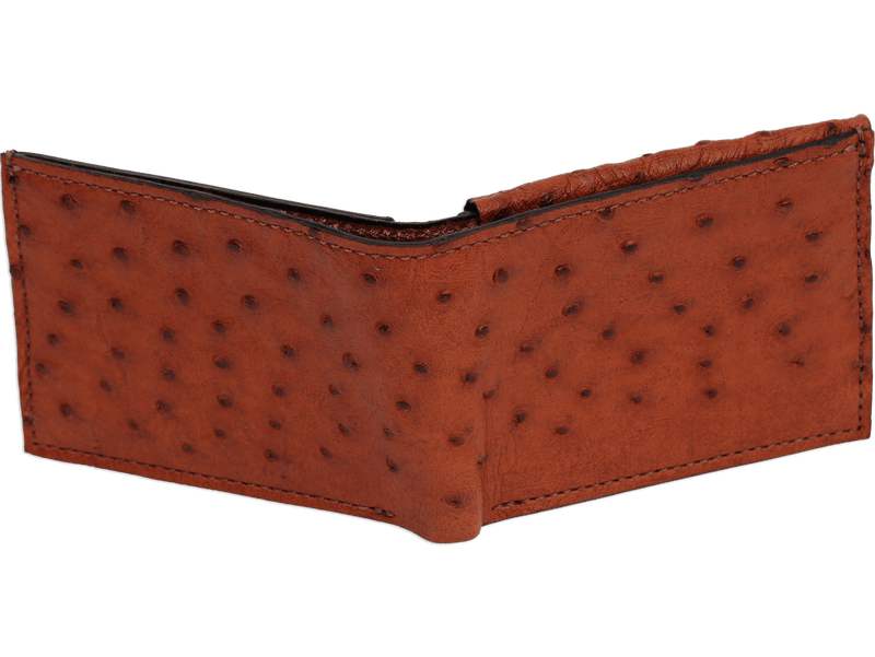 Cognac Ostrich Full Quill Luxury Designer Exotic Bifold Wallet With Flip Up ID Window - AmishMadeBelts.com