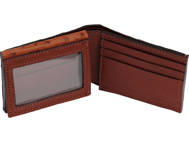 Cognac Ostrich Full Quill Luxury Designer Exotic Bifold Wallet With Flip Up ID Window - AmishMadeBelts.com