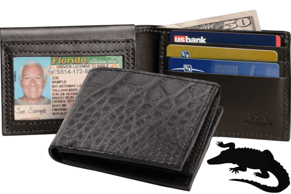 Gray Alligator Luxury Designer Exotic Bifold Wallet With Flip Up ID Window - AmishMadeBelts.com