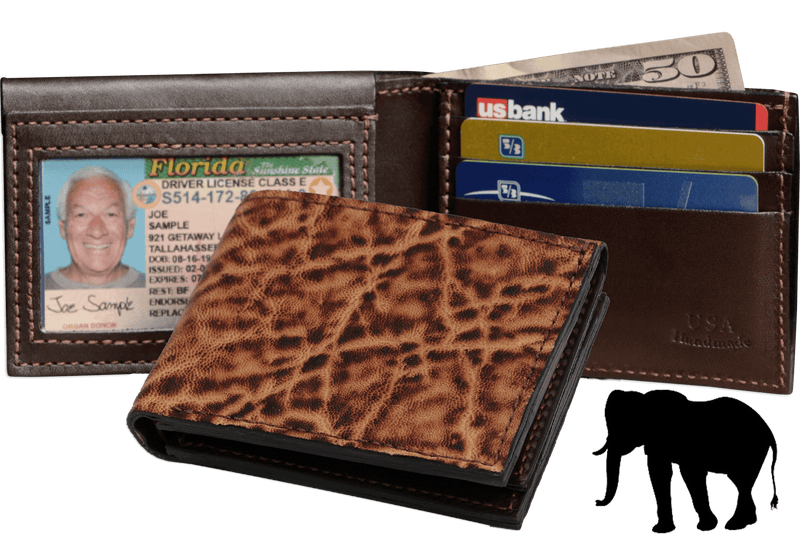 Rustic Brown Elephant Luxury Designer Exotic Bifold Wallet With Flip Up ID Window - AmishMadeBelts.com